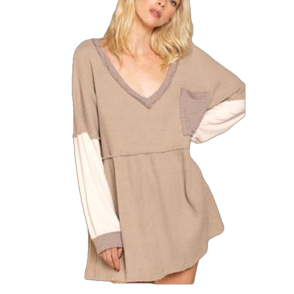 POL Tan Contrast Thermal Waffle Knit Wide V-Neck Long Sleeve Babydoll Top - Picture 1 of 14